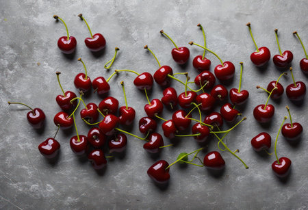 Cherries on a grey background. Top view. Flat lay