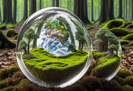 Crystal ball with green moss and tree in the forest. 3D rendering