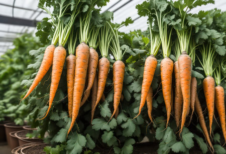 Organic carrots in a greenhouse. Vegetable garden. Healthy food.の写真素材
