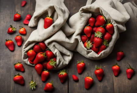 Fresh strawberries in reusable shopping bags on wooden background. Zero waste concept.の写真素材