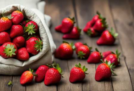 Fresh strawberries in a canvas bag on a wooden background. Selective focus.の写真素材