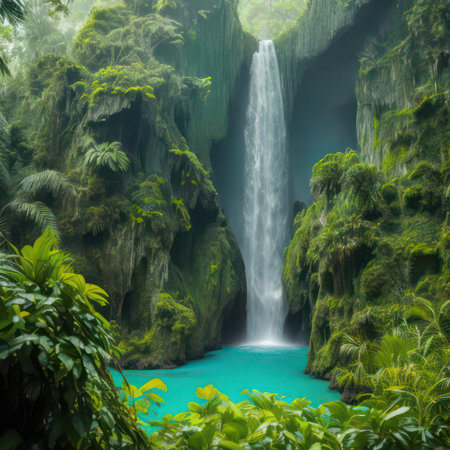 Tropical waterfall in the rainforest of Bali island, Indonesiaの写真素材
