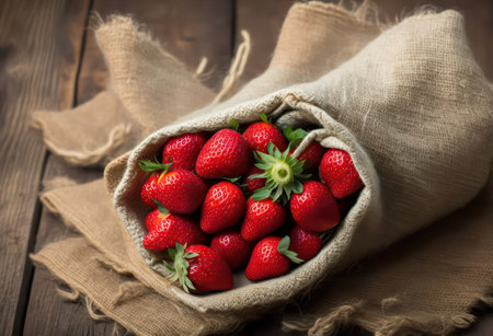 Strawberries in a burlap sack on a wooden background.の写真素材