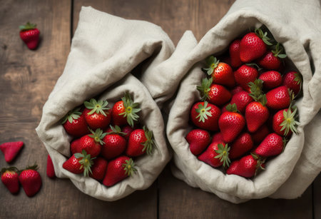 Strawberries in a burlap bag on a wooden background.の写真素材