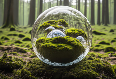 Crystal ball with moss in the forest. Conceptual image. 3D rendering.の写真素材