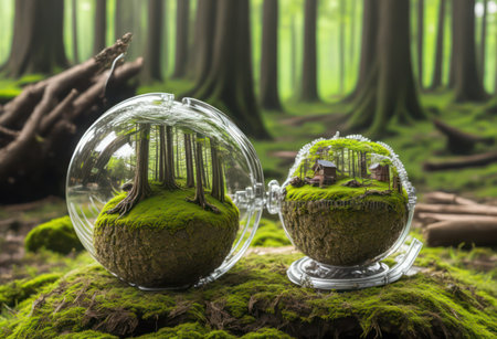 Crystal ball with green forest and tree on moss background. Eco conceptの写真素材