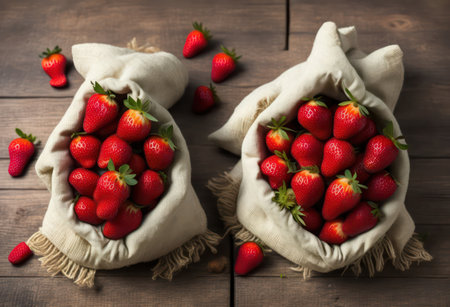 Fresh strawberries in burlap bags on a wooden background, top viewの写真素材