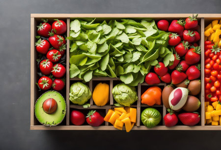 Fresh fruits and vegetables in a wooden box on a black background. Top view.の写真素材