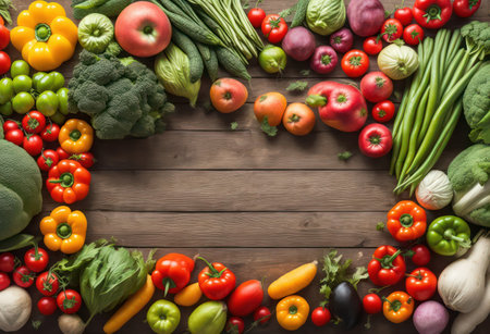 Fresh organic vegetables on wooden background. Top view with copy space.の写真素材