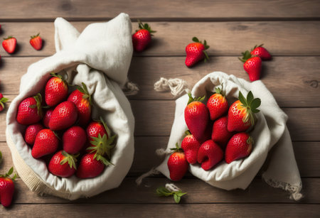 Fresh strawberries in a bag on a wooden background. Selective focus.の写真素材