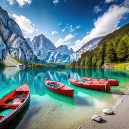 Fantastic summer scene of Braies lake. Location: Braies lake, Dolomites, Italy, Europeの写真素材