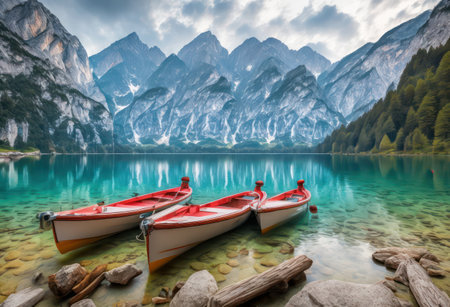 Fantastic lake braies in south tyrol, italyの写真素材