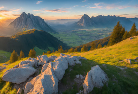 Fantastic view of Dolomites mountains at sunrise, Italyの写真素材