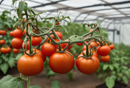 Ripe tomatoes growing in a greenhouse. Ripe tomatoes in a greenhouse.の写真素材