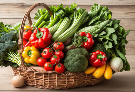 Basket of fresh vegetables on wooden background. Healthy food concept.の写真素材