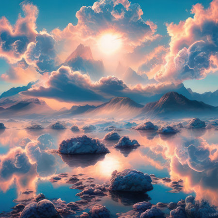 Fantasy landscape with clouds and sun in the sky. 3d illustrationの写真素材