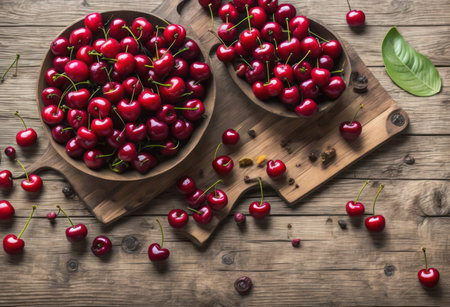 Cherries in wooden bowl on wooden background. Top view.