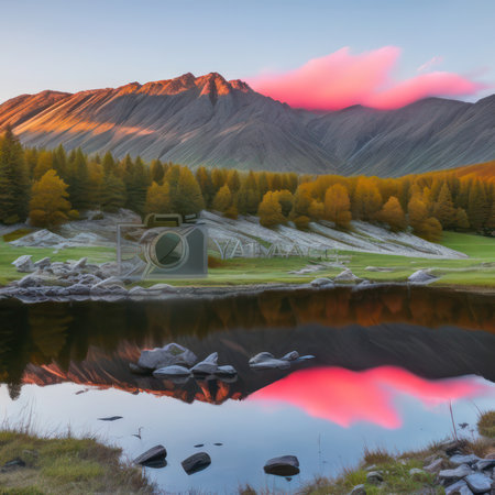 Beautiful landscape with lake and mountains at sunset. 3D renderingの写真素材