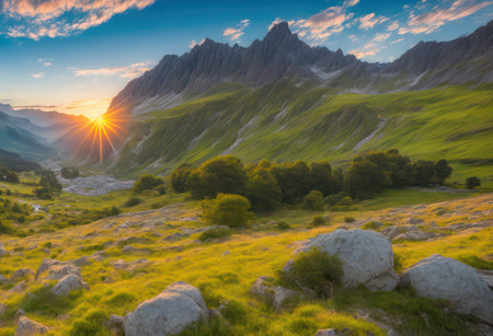 Fantastic sunset in the mountains. Dramatic sky. Beauty world.の写真素材