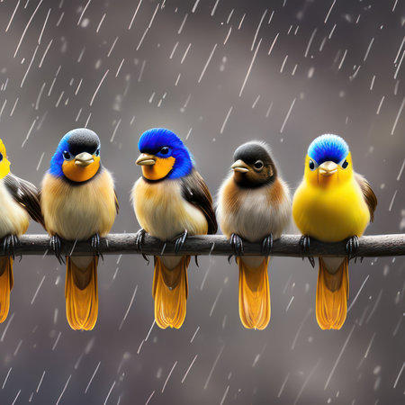 Group of birds sitting on a branch in the rain. This is a 3d render illustrationの写真素材