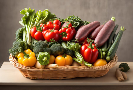 Basket of fresh raw vegetables on wooden table in front of wallの写真素材