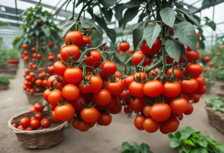 Tomatoes ripening in greenhouse, closeup view. Organic farmingの写真素材