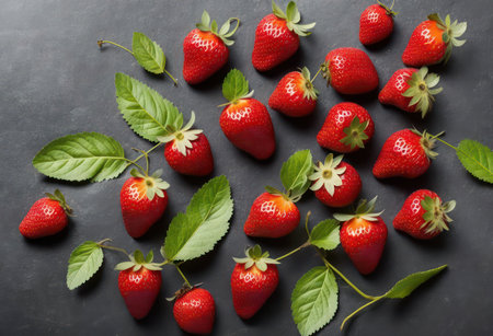 Fresh strawberries with leaves on black background. Top view, flat layの写真素材