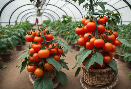 Ripe red tomatoes in a basket on a branch in a greenhouseの写真素材