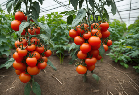 Ripe red tomatoes on a branch in a greenhouse. Ripe tomatoes in the greenhouse.の写真素材
