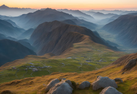 Sunset over the valley in the Cordillera Blanca, Peruの写真素材