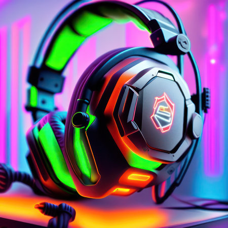 3d rendering of a professional gamer's headset with neon light.の写真素材