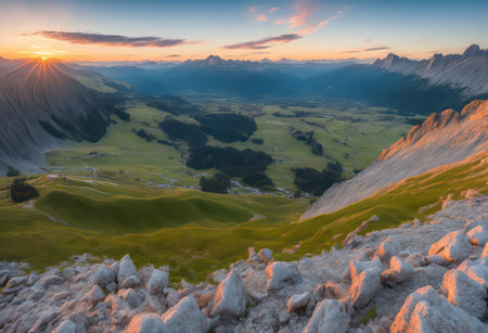 Beautiful alpine panoramic view of Dolomites at sunrise, Italyの写真素材