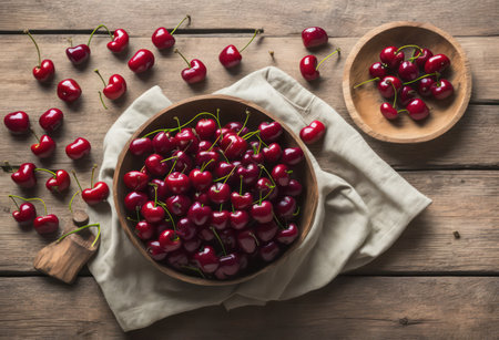 Cherries in a bowl on a wooden table. Top viewの写真素材