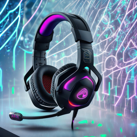 Headphones on abstract background. 3D illustration with neon lights.の写真素材