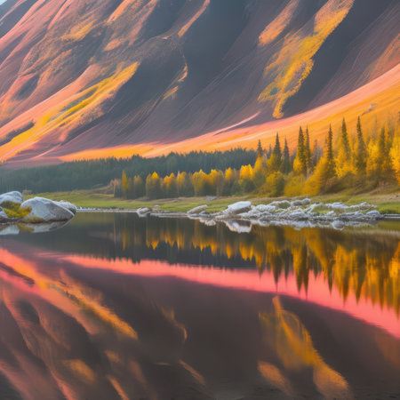 Mountain lake with reflection in water at sunset, Siberia, Russiaの写真素材