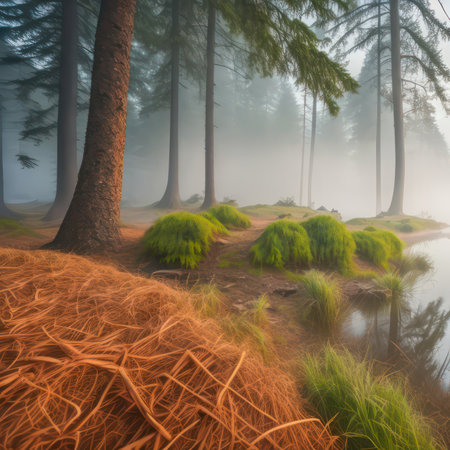 Foggy forest in the morning. 3d render illustration.の写真素材