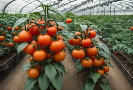 Ripe red tomatoes in a greenhouse. Growing tomatoes in a greenhouse.の写真素材