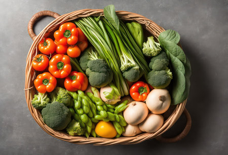 Basket with fresh vegetables on grey background, top view. Healthy foodの写真素材