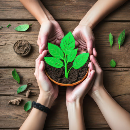 Hands holding a green plant in pot with soil on wooden backgroundの写真素材