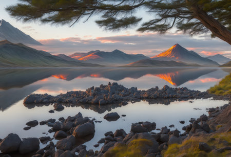 Mountain range reflected in the lake at sunrise, Highlands, Scotlandの素材
