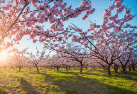 Beautiful cherry blossoms in the garden at sunset. Spring landscape.の素材