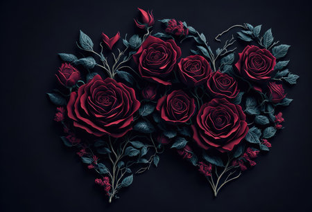 Heart shape made of red roses on black background. Flat lay, top viewの素材