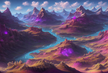 Fantasy alien planet. Mountain and lake. 3D illustration.の素材
