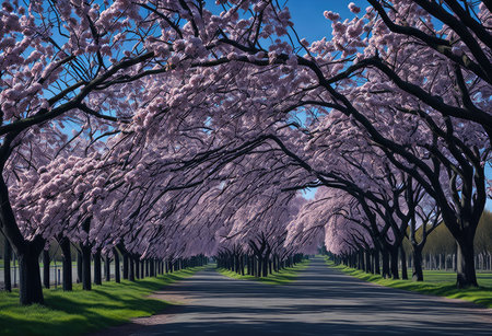 Cherry blossoms along the road, 3d rendering. Computer digital drawing.の素材