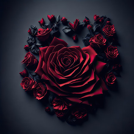 Red rose on black background. Valentines day card. 3D renderingの素材