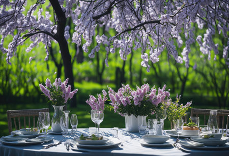Table set for an event party or wedding reception in a blooming gardenの素材