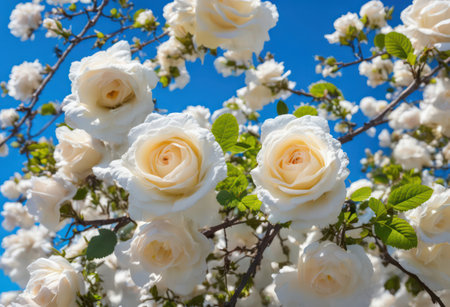 Beautiful white roses on a background of blue sky in spring.の素材