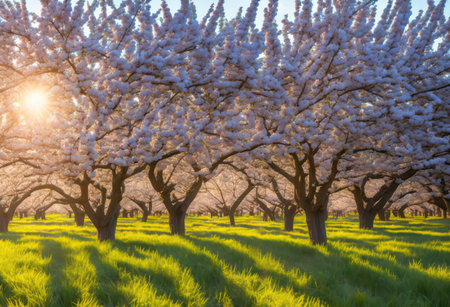 Cherry blossoms in full bloom in the springtime at sunsetの素材