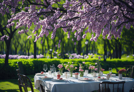 Cherry blossoms in the garden at spring time. Table setting.の素材