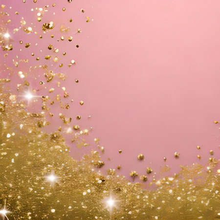 Gold glitter texture on pink background. Festive background with golden sparkles and glitter.の写真素材